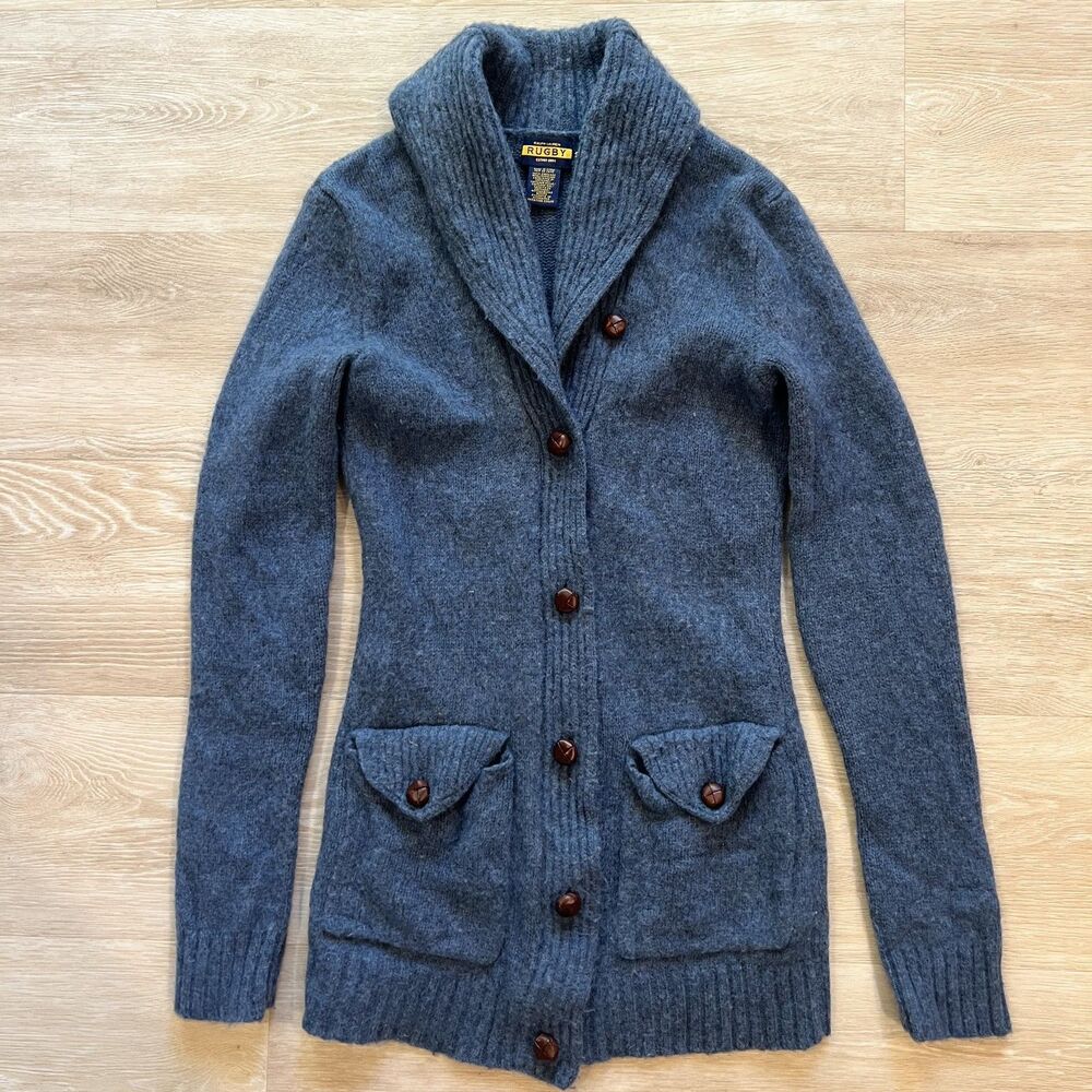 VTG Ralph Lauren Rugby 100% Shetland Wool Cardigan Sweater Blue Women's-Size S
